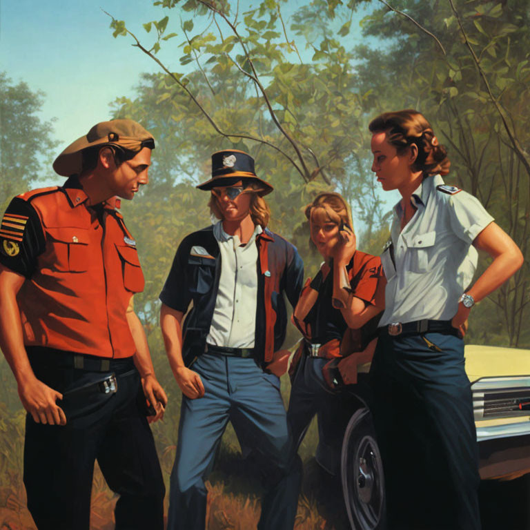 Four Uniformed Individuals Talking Beside Police Car