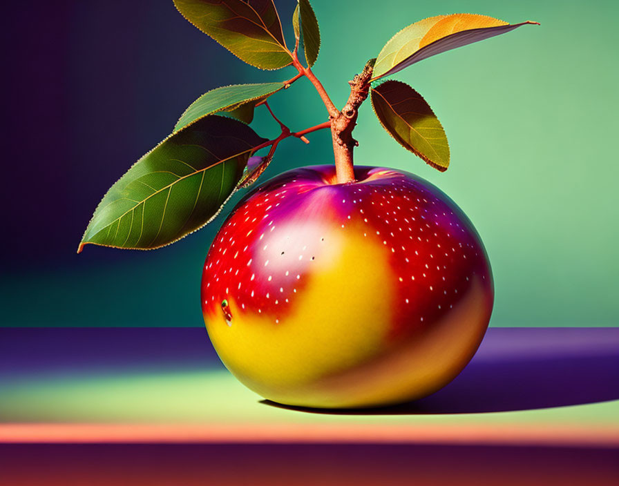 Colorful Apple with Leaves on Gradient Background and Shadow