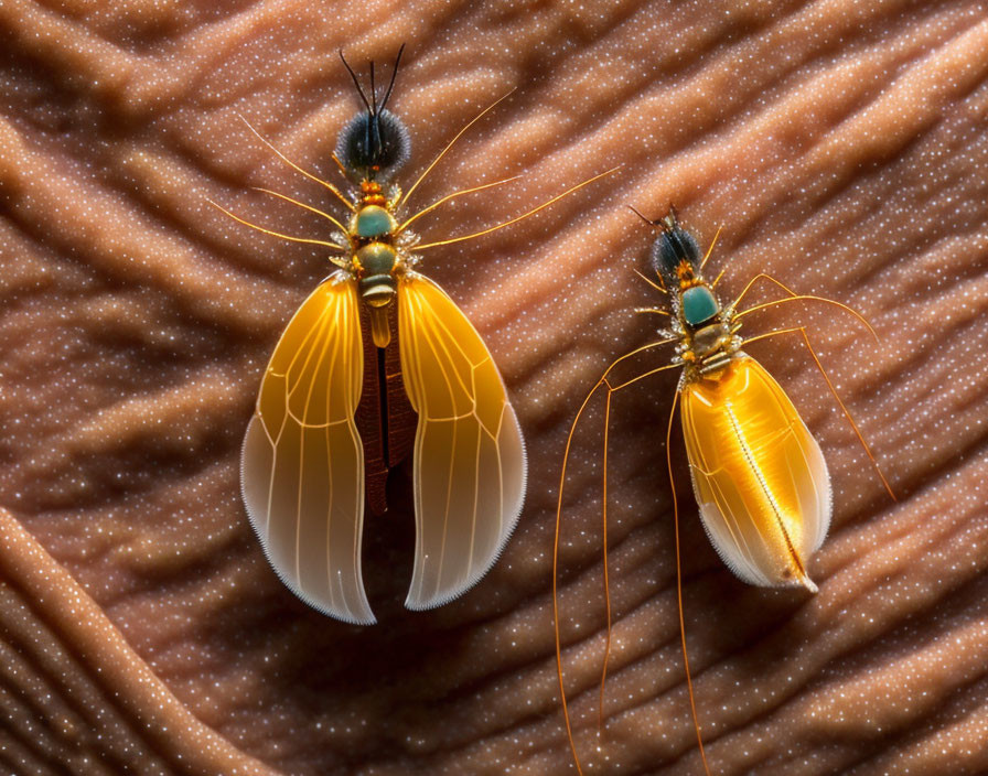 Transparent-winged insects with long antennae on textured surface