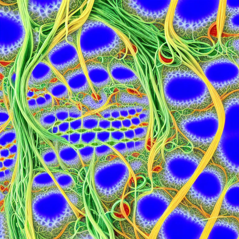 Green tendrils on blue and purple cells with orange highlights