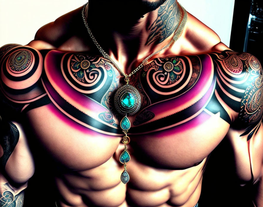 Vibrant neon tattoos on torso with blue gemstone necklace