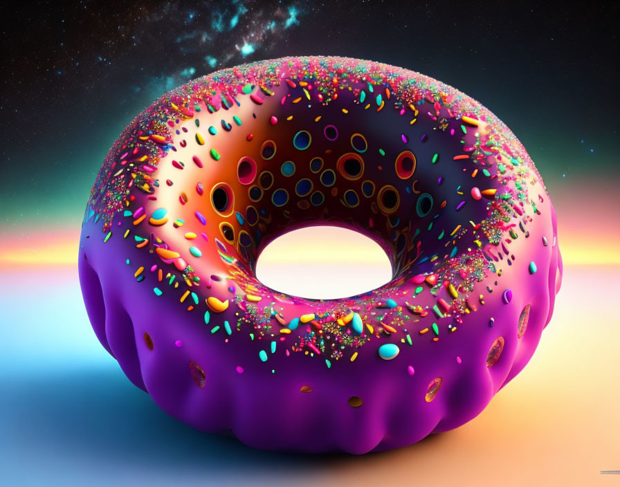 Colorful 3D-rendered doughnut with purple icing and sprinkles on cosmic background