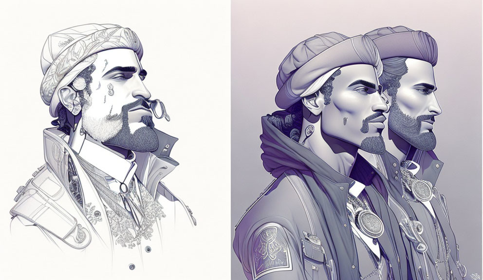 Stylized digital portraits of a man in ornate military attire in monochrome.