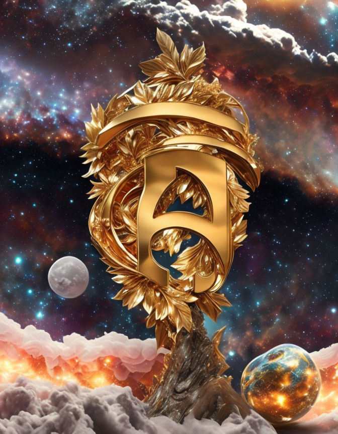 Golden "A" emblem on tree stump in cosmic setting