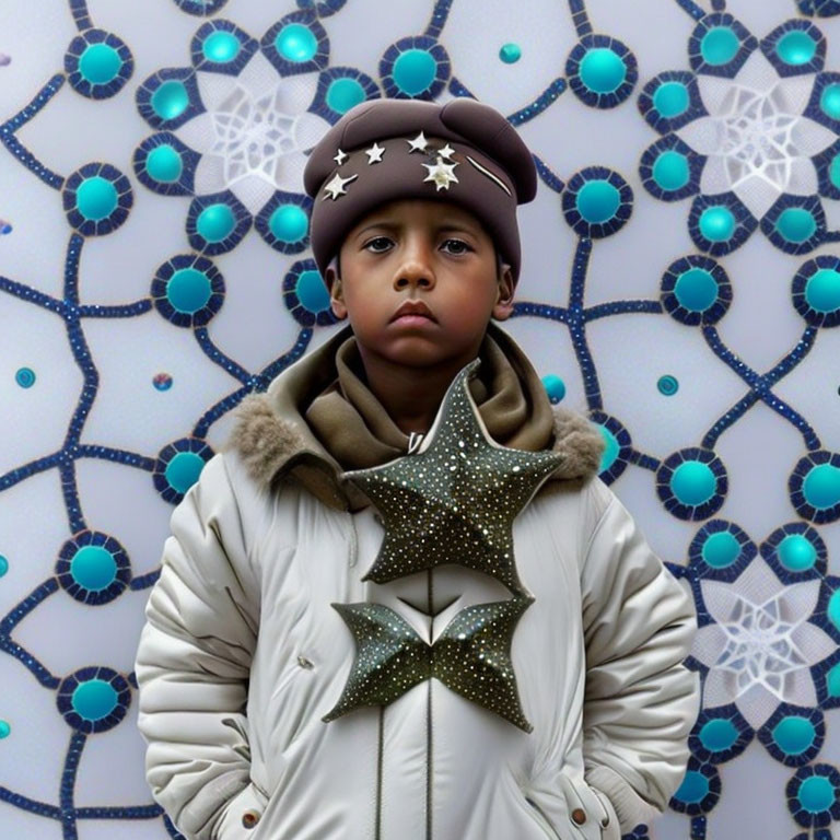 Child in white jacket with star hat holding sparkly star against blue background