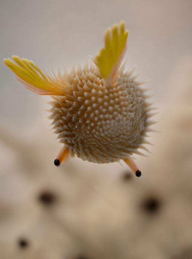 Yellow and White Nudibranch with Black-Tipped Rhinophores on Soft Background