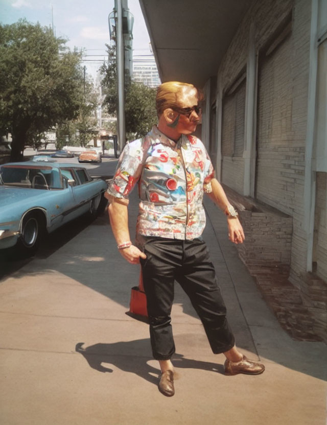 Person in Colorful Shirt Walking by Vintage Blue Car