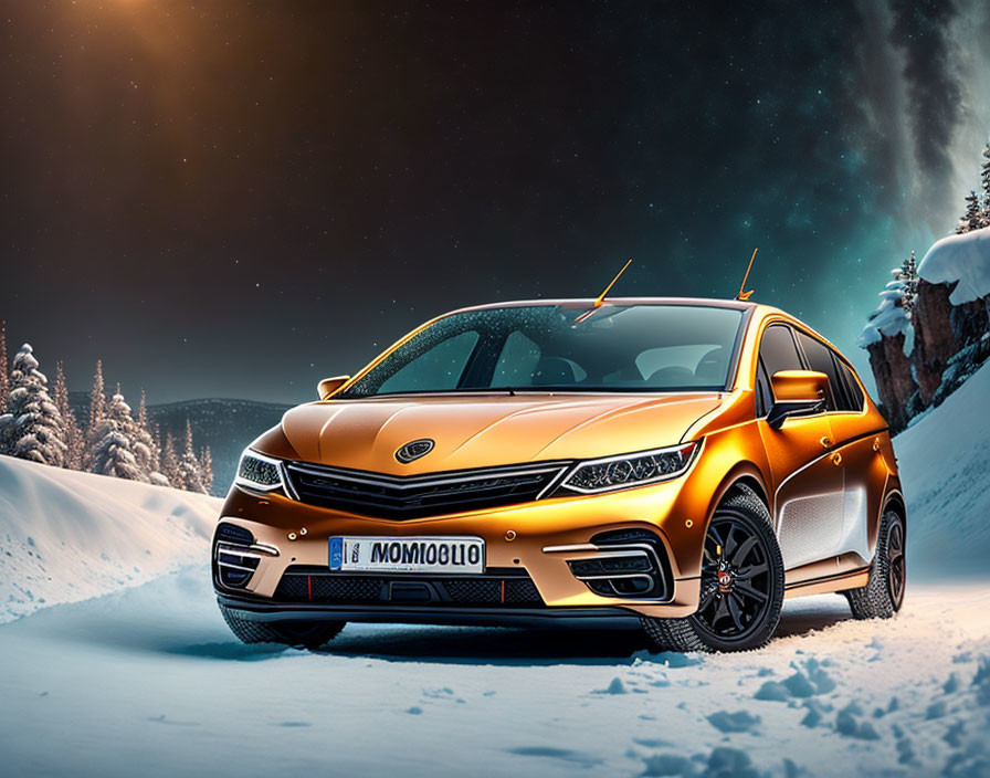 Orange Sedan Parked on Snowy Terrain Under Starry Night Sky