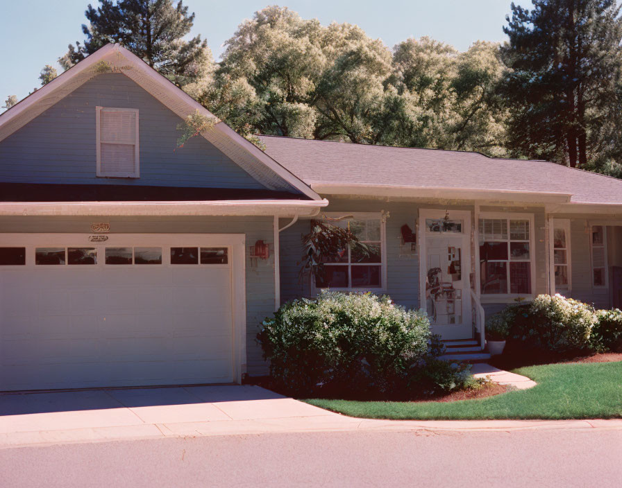 Blue single-story house with white trim, two-car garage, and manicured lawn.