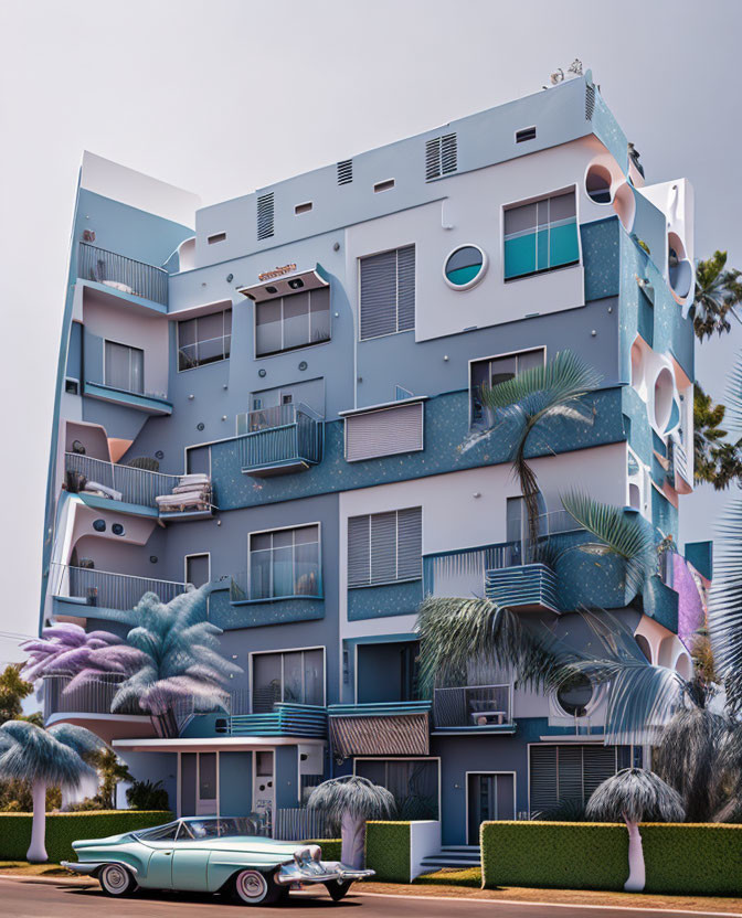 Pastel blue modern apartment with retro design, circular windows, palm trees, classic car.