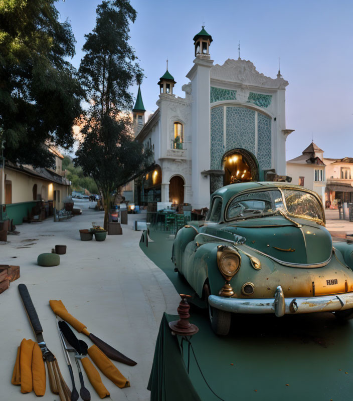 Vintage Car Parked in Front of Ornate Building with Moorish Architecture at Dusk