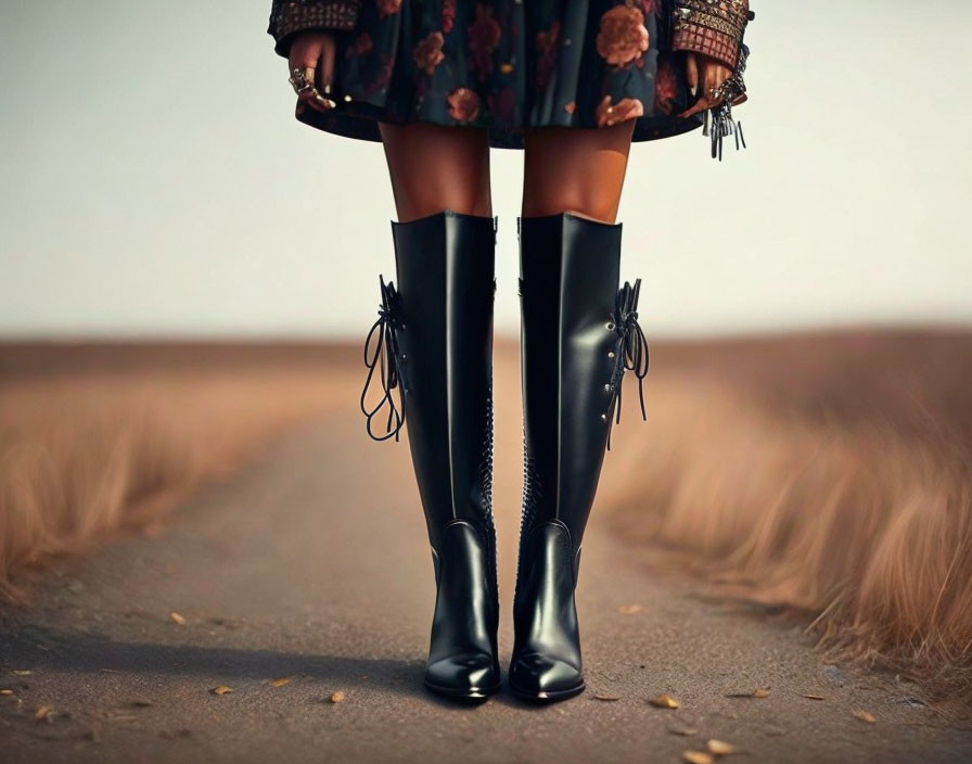 Person's Legs in Black Knee-High Lace-Up Boots on Leaf-Strewn Road