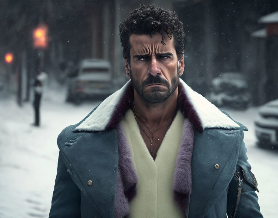 Digital artwork of stern-faced man with beard in fur-collared jacket on snowy street