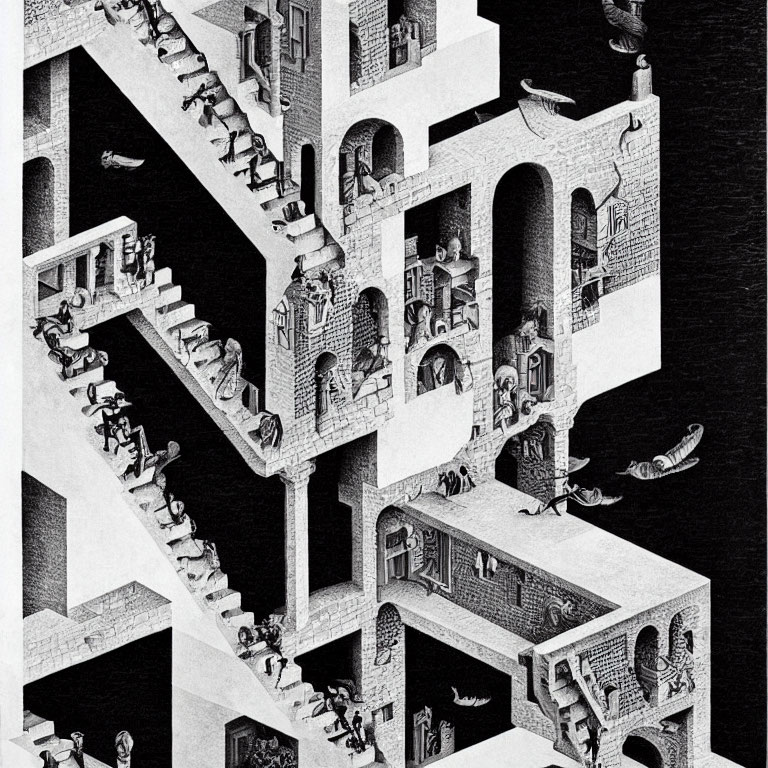 Gravity-defying architectural illusion with interlocking stairs and figures.