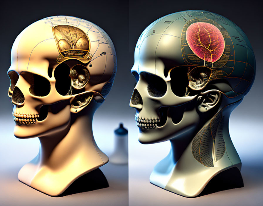 Human Skull Illustration: Brain Areas Mapped in Side View, Warm and Cool Lighting