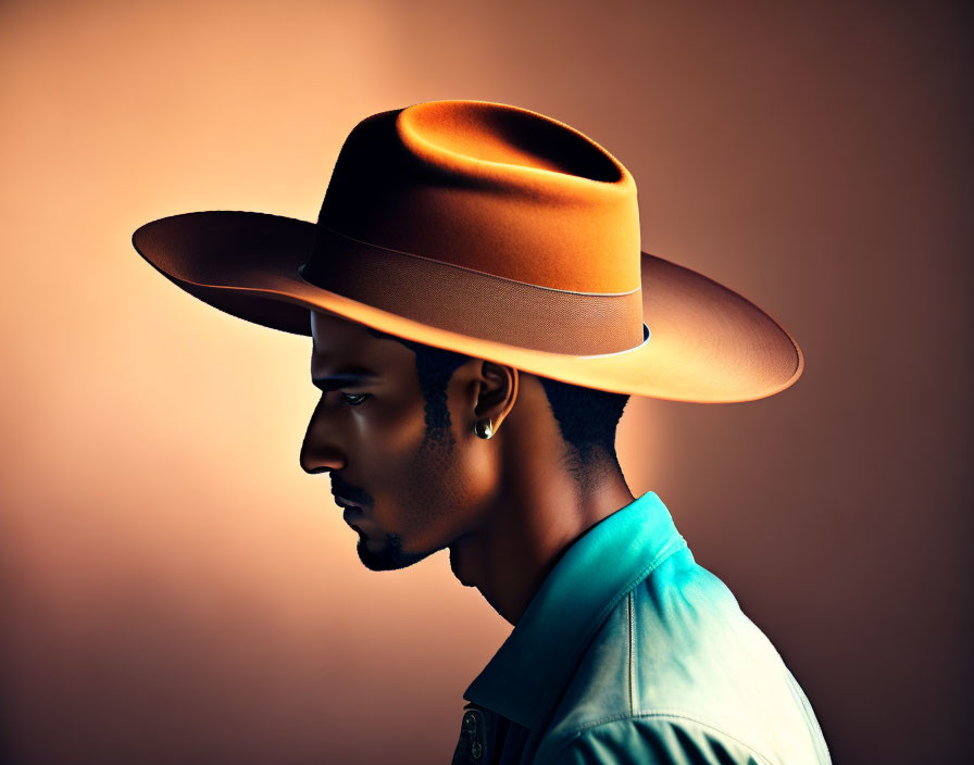 Man with Beard in Large-Brimmed Hat on Warm Background