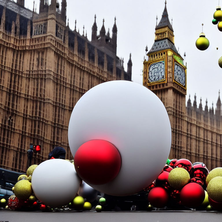 City street adorned with oversized Christmas ornaments, featuring iconic clock tower and cloudy sky.