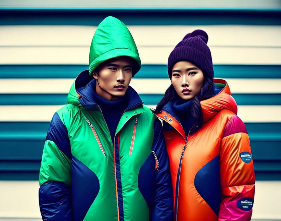 Two models showcase colorful winter jackets and hats against a striped blue wall