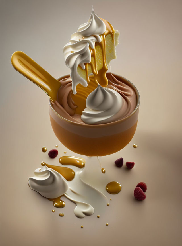 Illustration of bowl with soft serve ice cream, honey, and berries