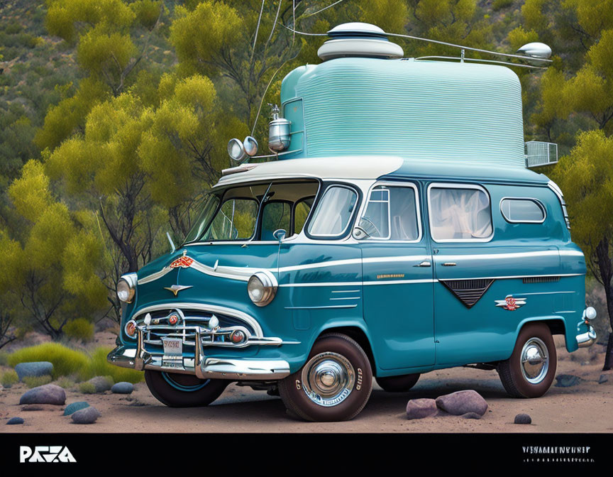 Vintage Turquoise Van with Shoe-Shaped Roof Attachment in Desert Landscape