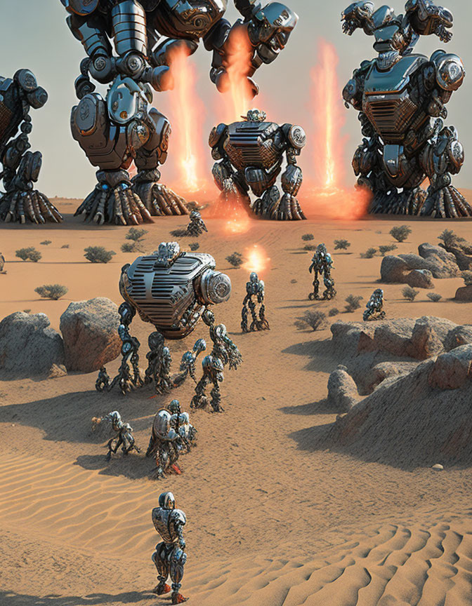 Robots with humanoid upper bodies and tank-like lower halves in desert with fire blasting.