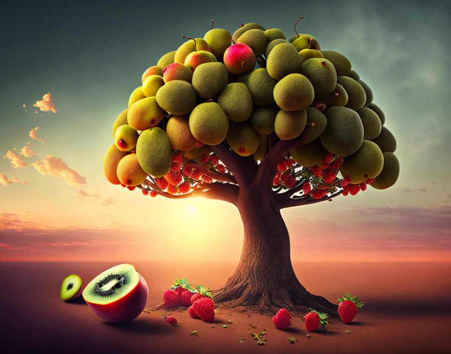 Surreal desert landscape with oversized fruit tree at sunset