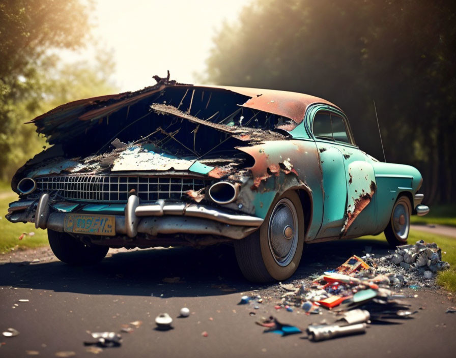 Abandoned vintage car with rust and peeling paint on deserted road