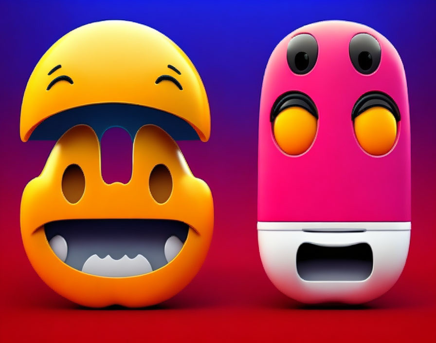 3D-rendered emoticons: laughing and shocked, on blue and red background