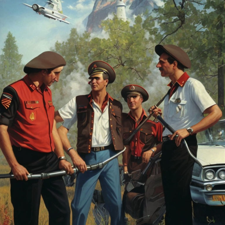 Four People in Soviet-Era Military Uniforms Talking by Car & Lighthouse