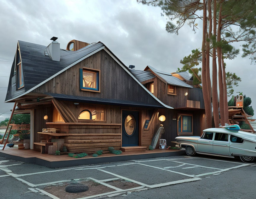 Cozy Two-Story Wooden House Surrounded by Pine Trees at Dusk