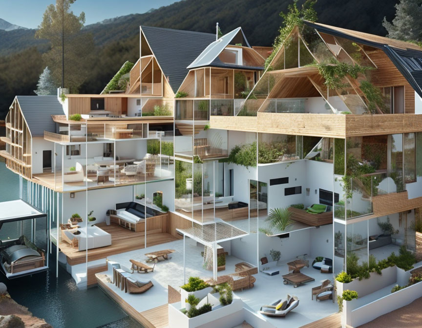 Multi-tiered lakeside housing complex with large glass windows and wooden structures