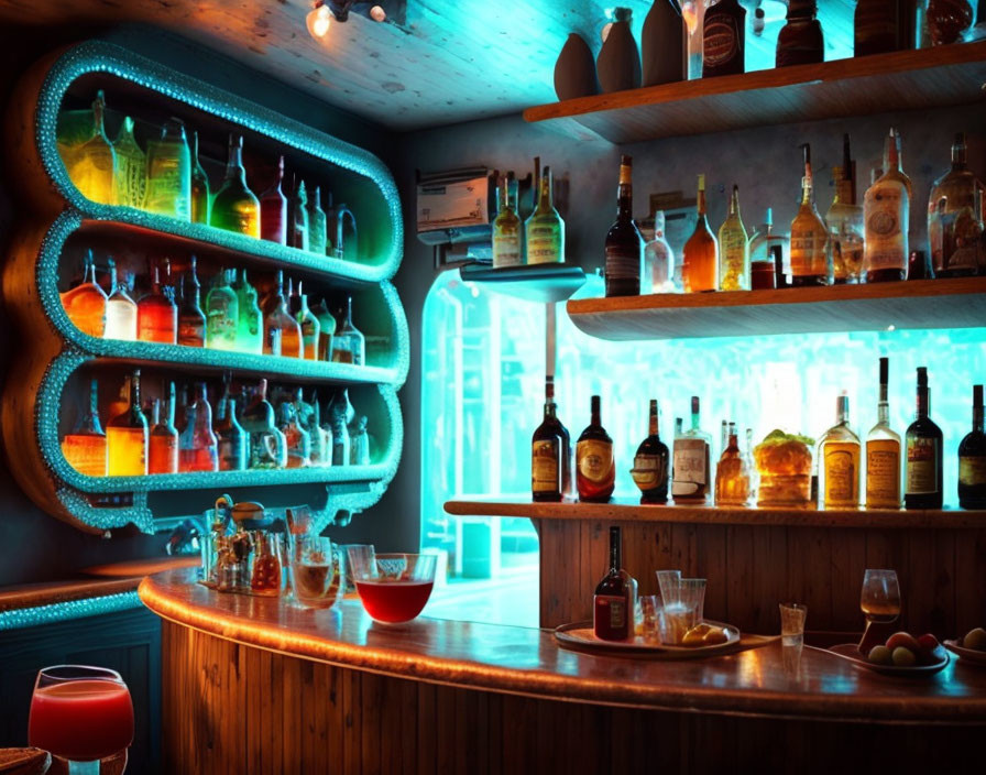 Neon-lit bar interior with stocked shelves and bar stools.