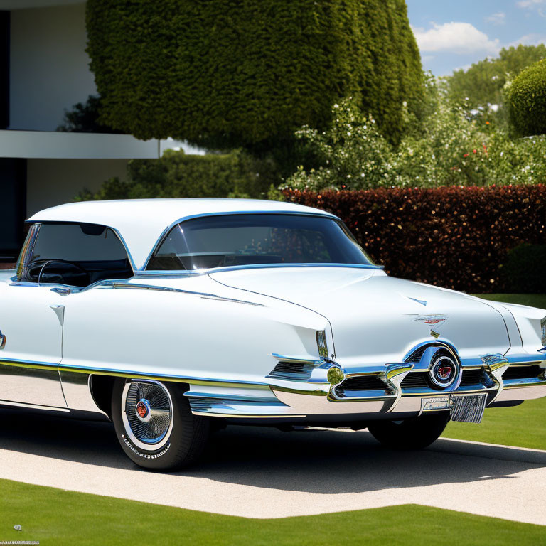 Vintage Blue Car with White-Wall Tires in Manicured Driveway