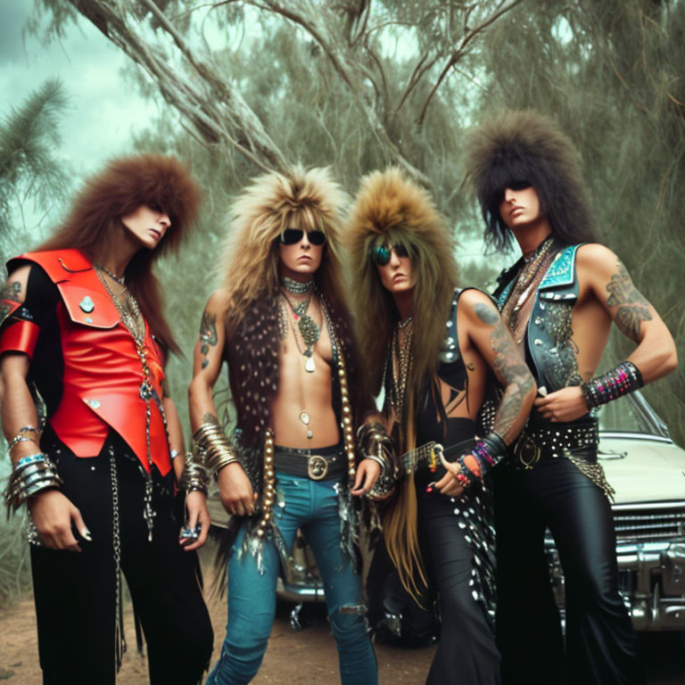 Four individuals in extravagant rock fashion with teased hair and studded accessories standing confidently outdoors