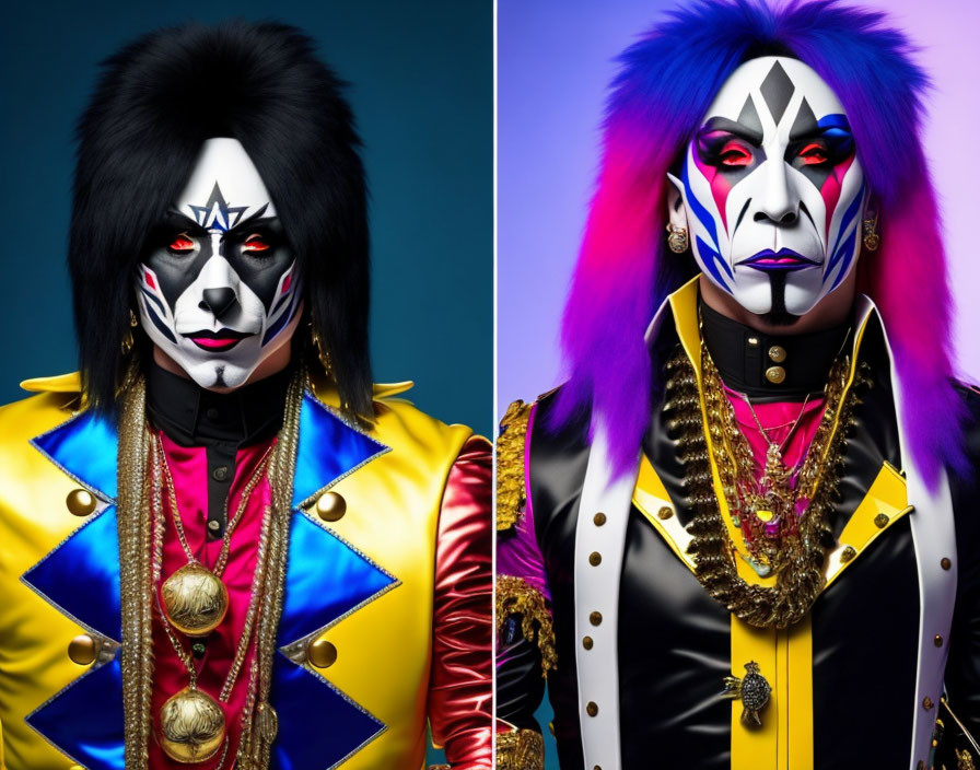 Dramatic face paint and glam rock costumes against colorful backdrops