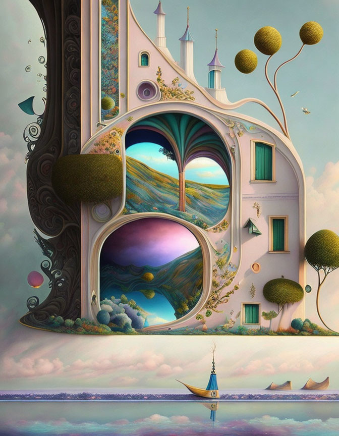 Surreal painting of ornate building with vibrant landscapes and lone boat