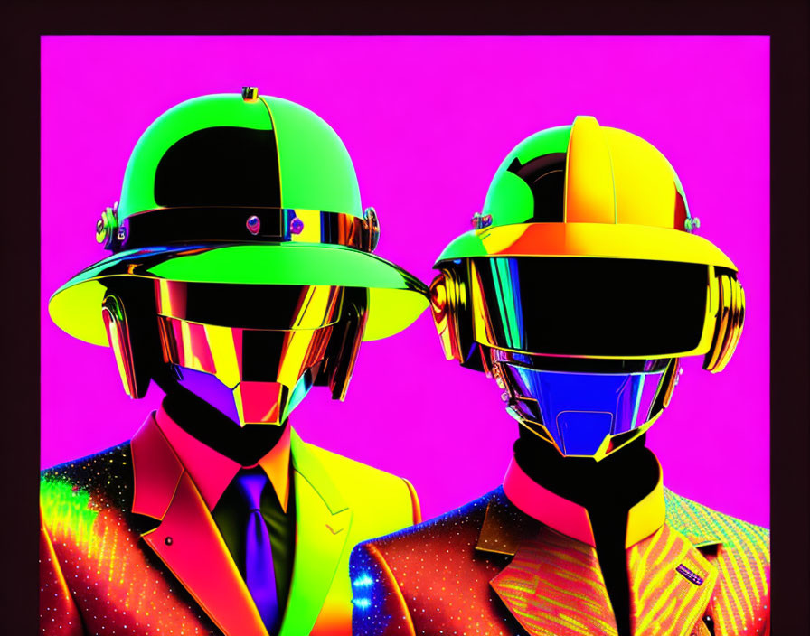 Stylized figures in helmets and visors on pink background