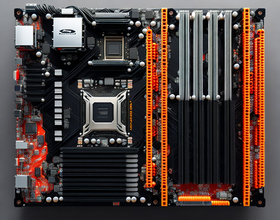 Detailed High-angle View of Modern Computer Motherboard Components