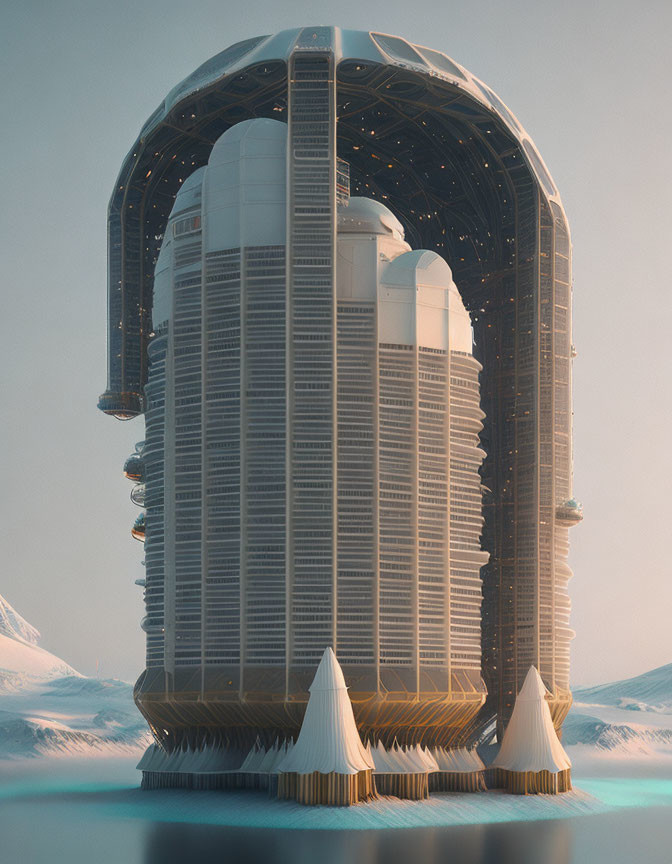 Cylindrical Skyscraper with Arching Dome Amid Snowy Mountains