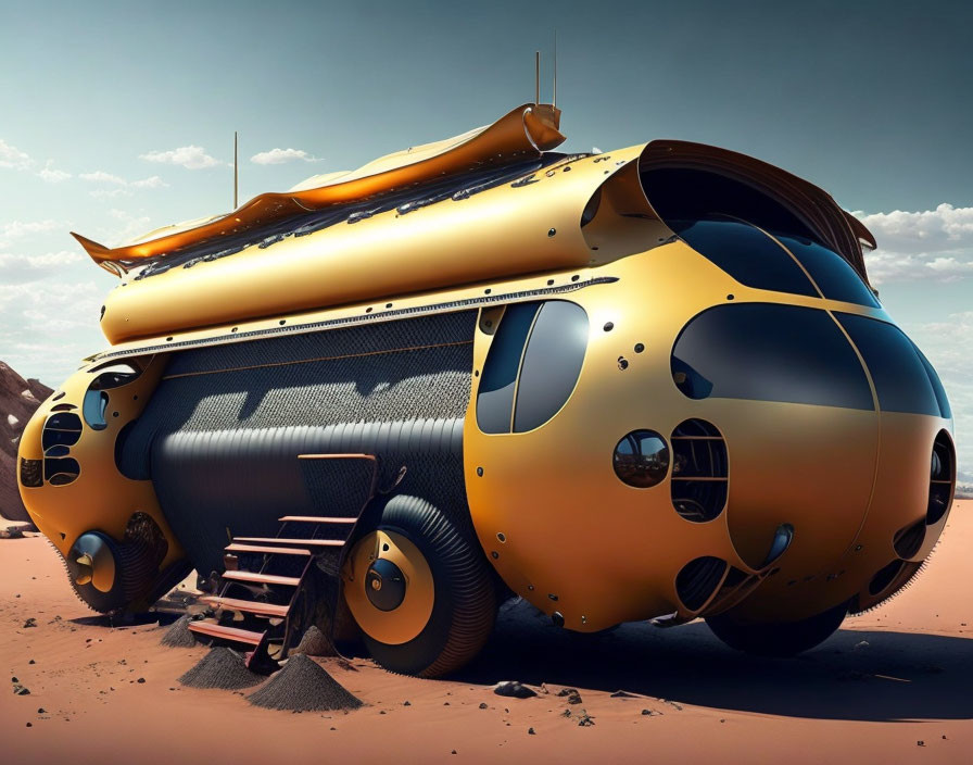 Futuristic golden vehicle with spherical modules on alien terrain