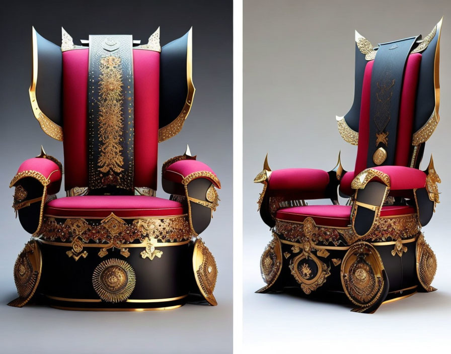 Royal chair with gold trimmings and intricate patterns showcased from two angles