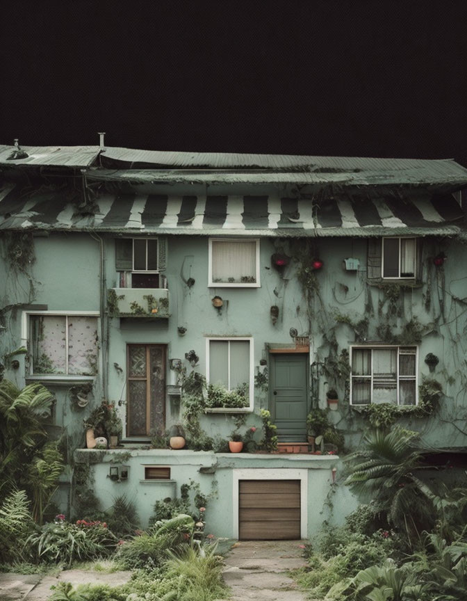 Green ivy-covered house with plants and decorations, featuring a small garage door