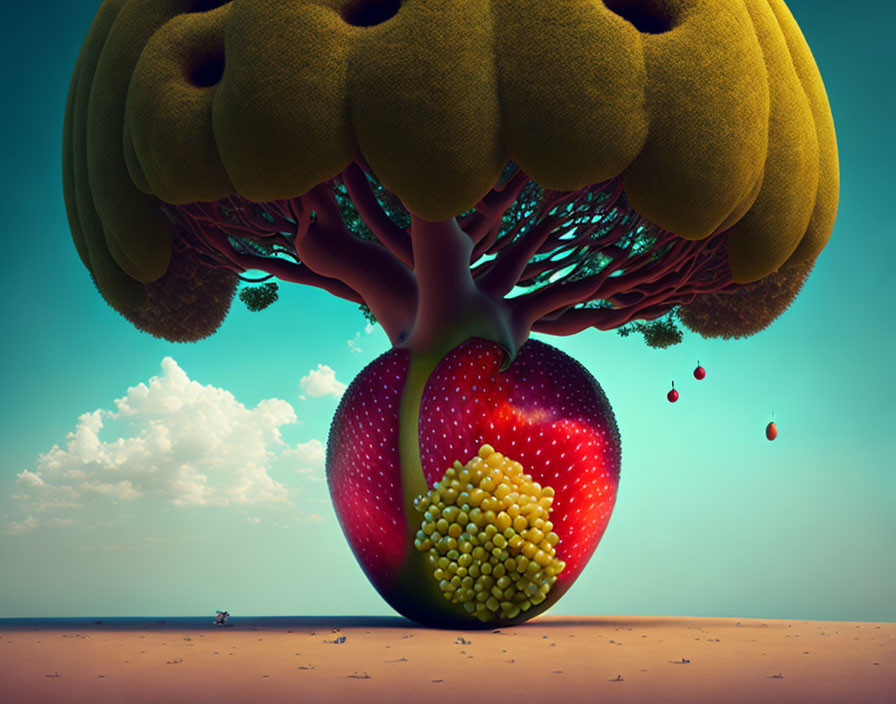 Surreal landscape with heart-shaped fruit tree under blue sky