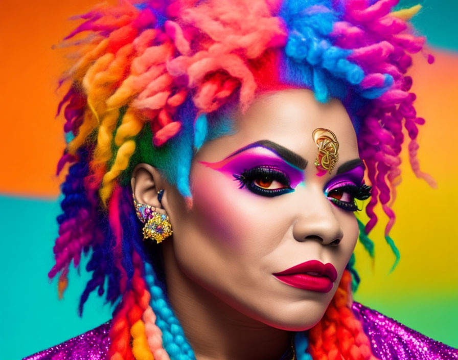 Vibrant rainbow dreadlocks with colorful makeup and forehead decoration