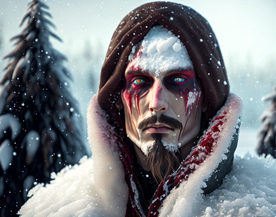 Man with red eyes and tribal face paint in snowy forest.