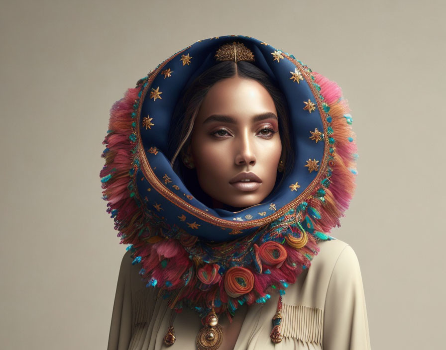 Stylized celestial accessory on woman's head with stars and gold on neutral background