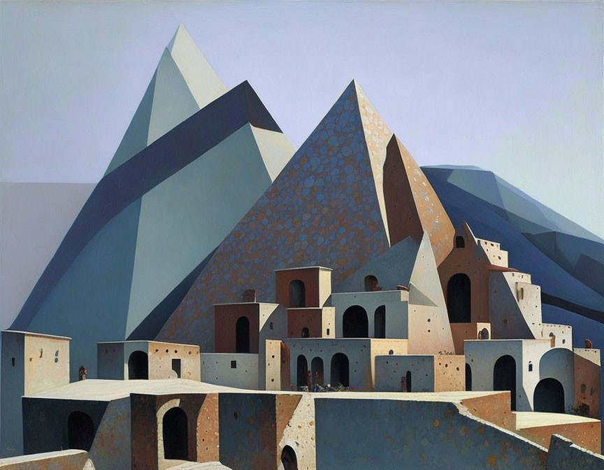 Cubic houses and pyramidal mountains in muted blue and brown tones