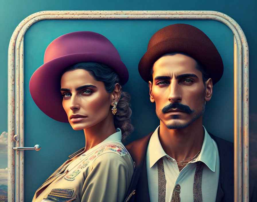 Vintage-inspired illustration of man and woman in striking attire and hats.