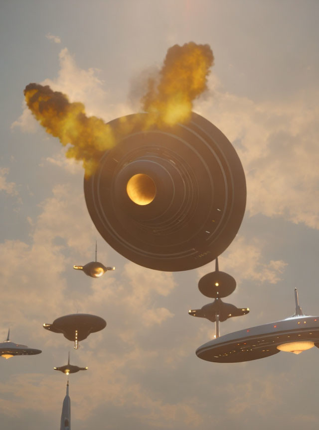 Multiple UFOs descending from cloudy sky, emitting yellow and black smoke.