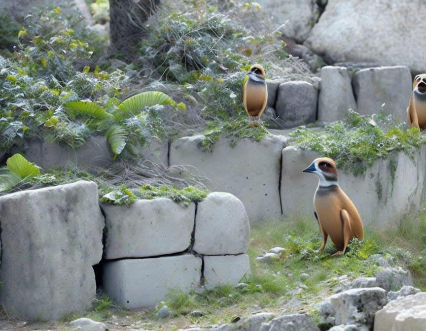 Birds blending with stones and plants in brown and cream plumage.